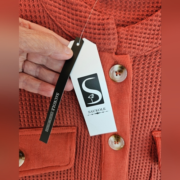Saukole Womens Orange Long line Over Shirt Sz L Front Pockets Front Button down - Picture 5 of 14